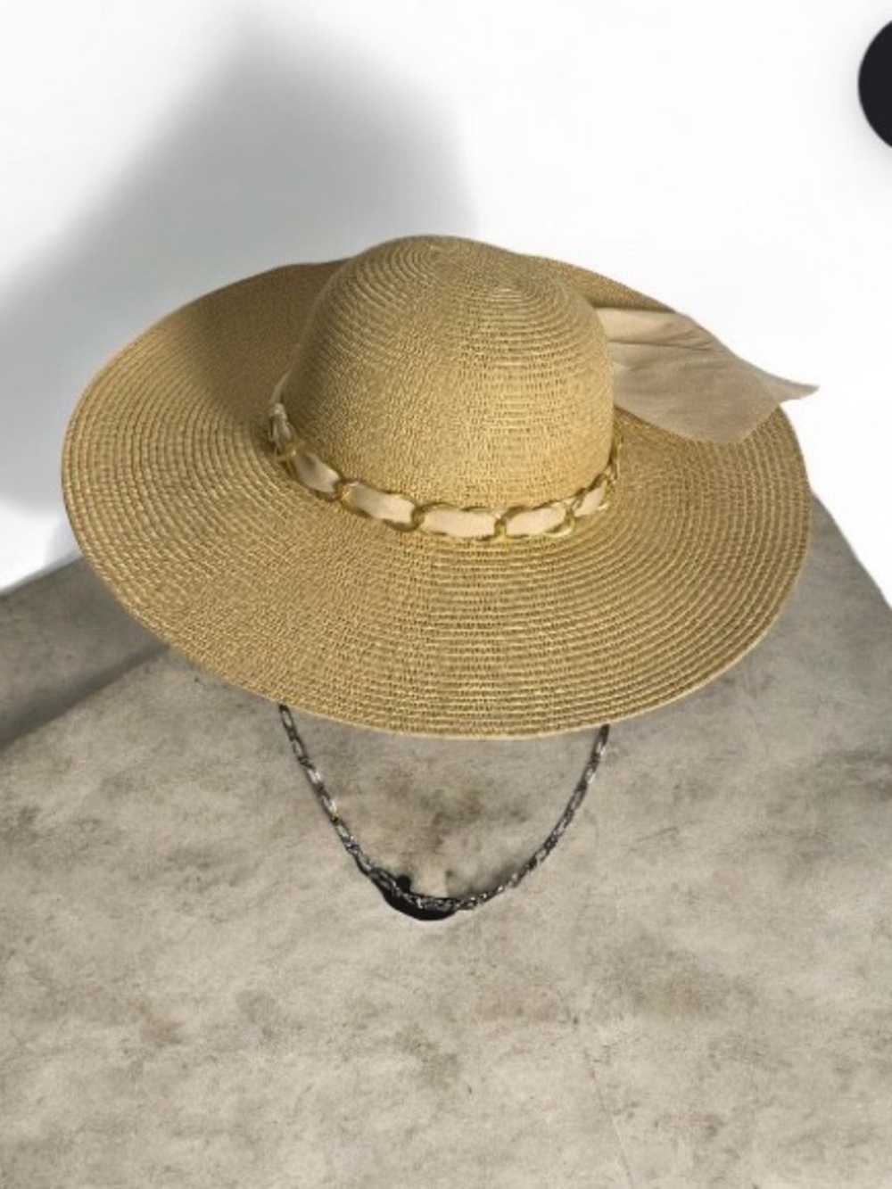 Wide-Brim Straw Sun Hat with Decorative Ribbon - Beige with chain Sexy n elegant